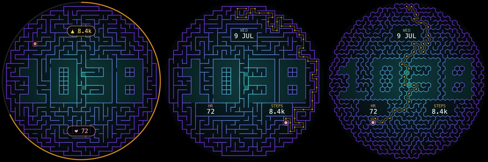 Three rejected Daedal concepts: a corridor maze with data pills, the same maze with chambers, and a hexagonal version