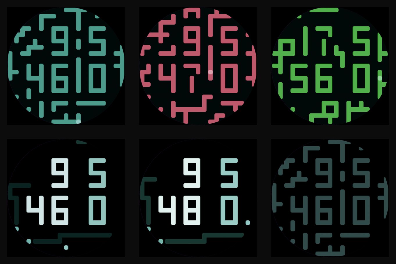 Six Daedal store shots on two rows: rest in teal, rest in rose, Terminal green, the reveal in Mono, the reveal in Signal colours, and the always-on ghost