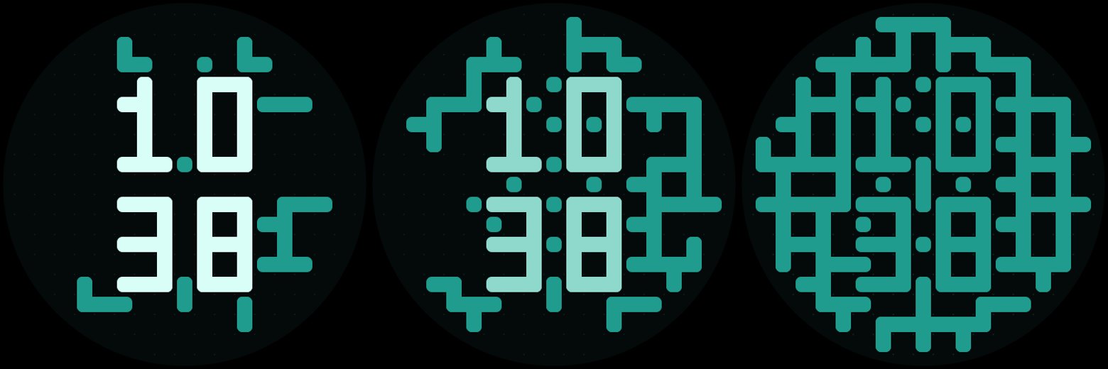 Three frames of a labyrinth growing out of the time digits, from the bare digits to a full dial of ink
