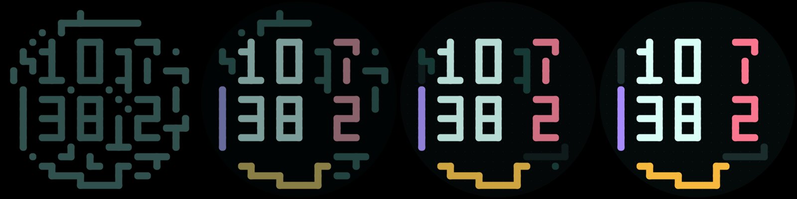Four frames of the Daedal wake animation, from the dim always-on cipher to the bare time held