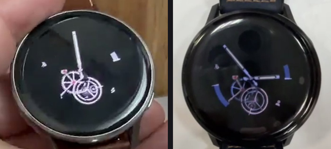 Two photographs of a Venu 4 running Skeleton with the movement missing, the hands and the tourbillon cage drawing on black