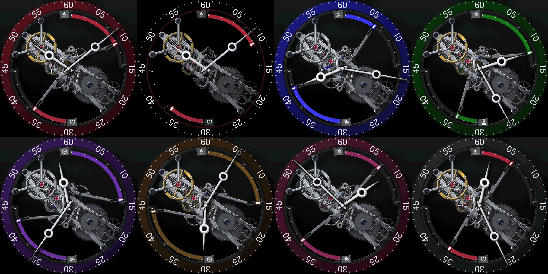 Eight Skeleton Bridge watch face screenshots on two rows, seven lit colourways and one always-on frame