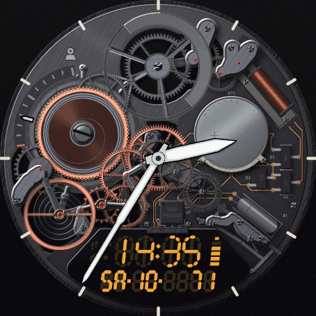 Mecha Digi - Rose gold on the black board, stress on the gauge, heart rate on the display