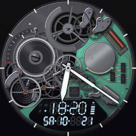 Mecha Digi - Rhodium silver on green, ice digits, sunrise and sunset on the gauge