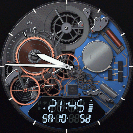 Mecha Digi - Rose gold on the blue board, sleep score on the gauge, days of battery left