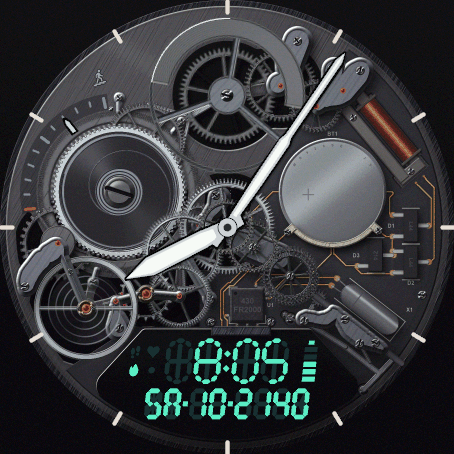 Mecha Digi - Rhodium silver on black, aqua digits, 12-hour time, floors climbed on the gauge