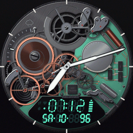 Mecha Digi - Rose gold on green, chance of rain on the gauge, Pulse Ox on the display