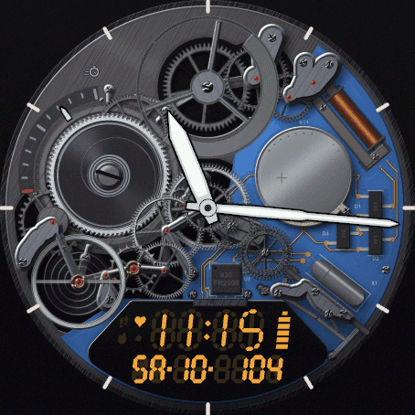 Mecha Digi - Rhodium silver on the blue board, amber digits, heart rate after a walk